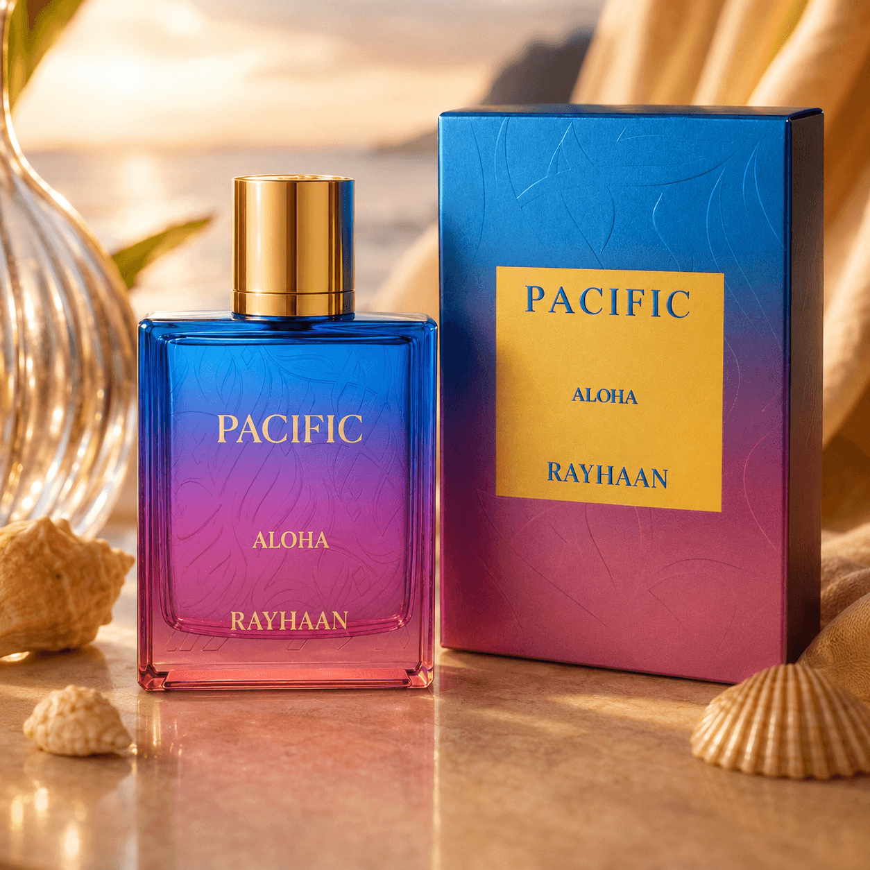 Close-up of Rayhaan Pacific Aloha Eau de Parfum bottle design