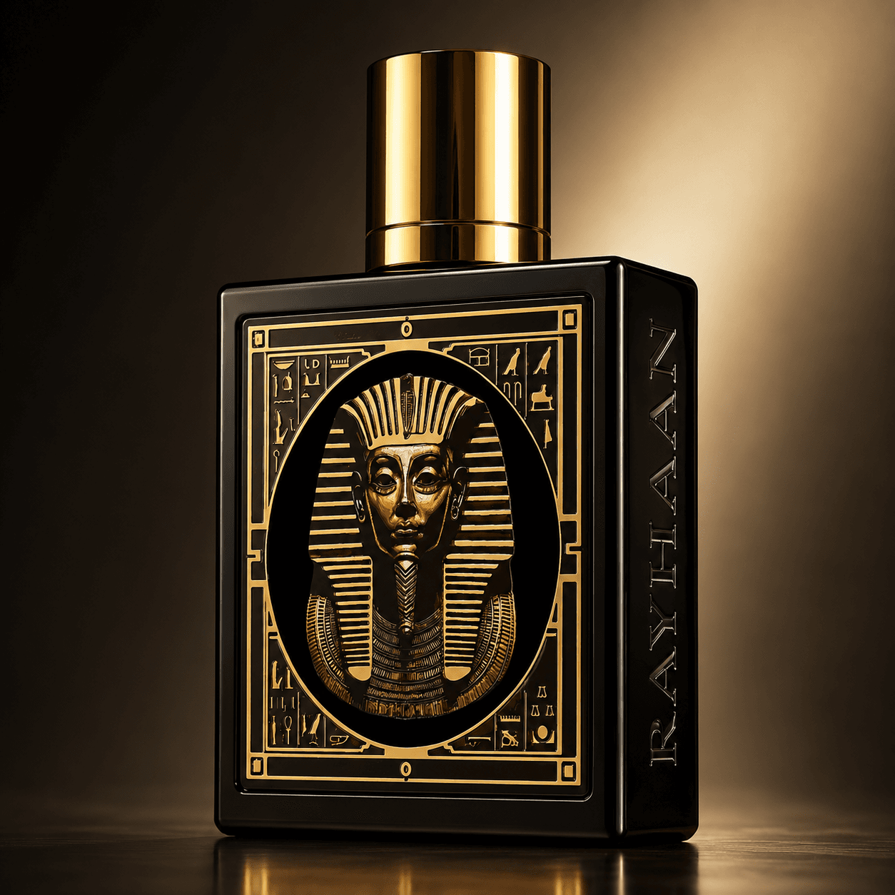 Close-up of Rayhaan Pharaoh Eau de Parfum bottle and design details