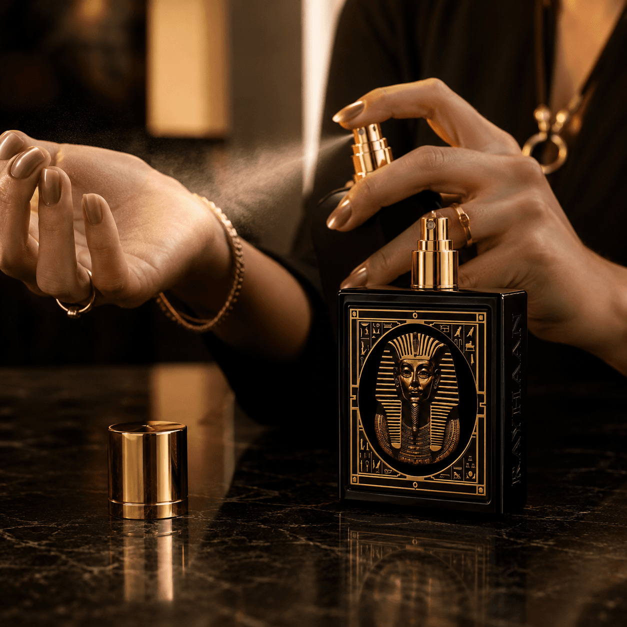 Rayhaan Pharaoh unisex perfume bottle in an elegant luxury fragrance setting