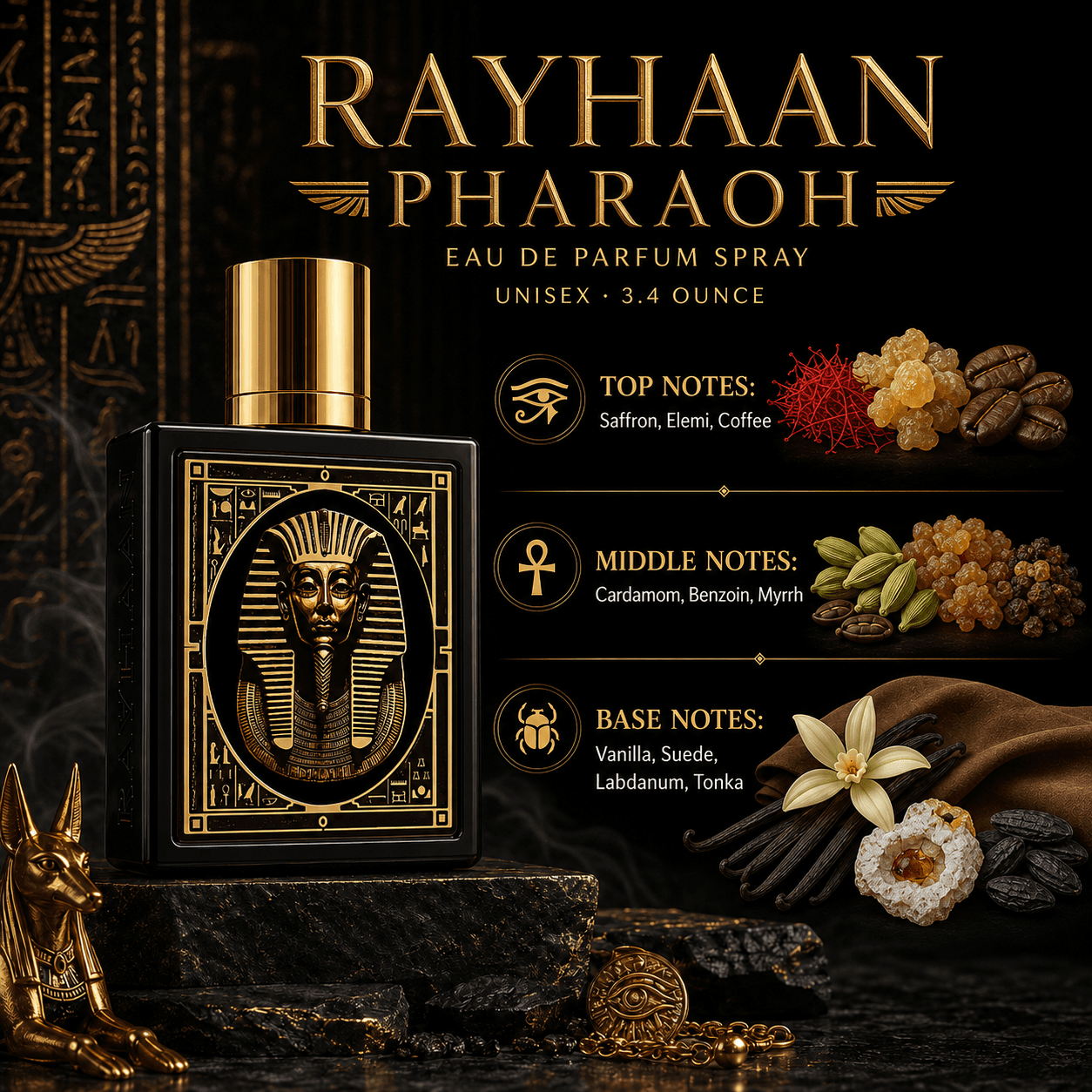Rayhaan Pharaoh Eau de Parfum displayed in a refined lifestyle scene