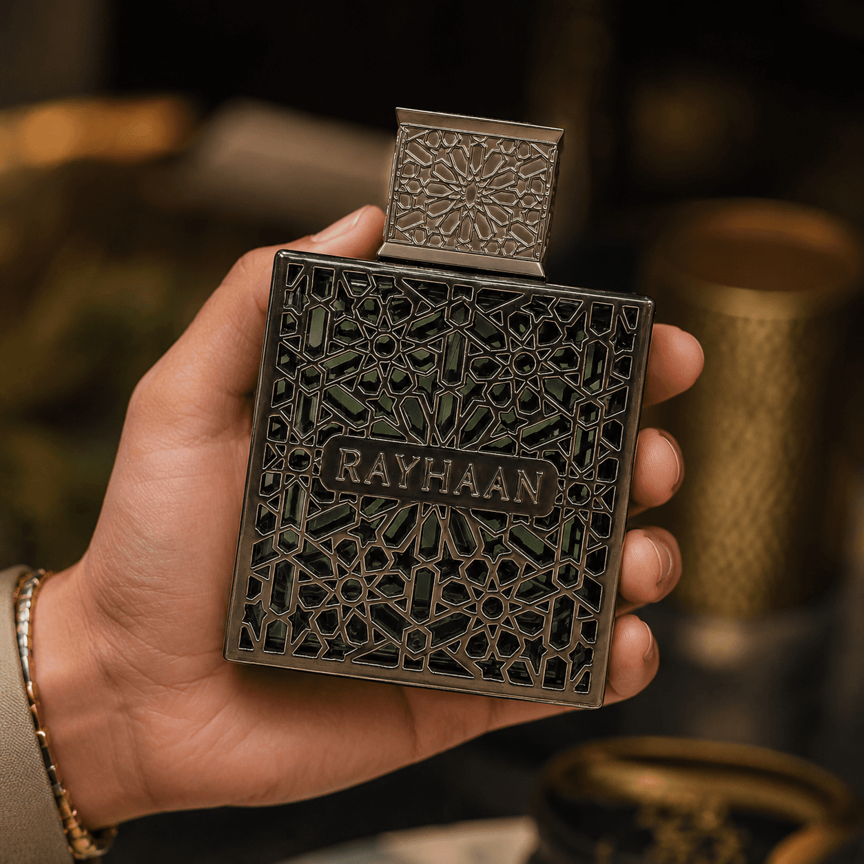 Rayhaan Terra unisex perfume bottle in a natural elegant fragrance setting