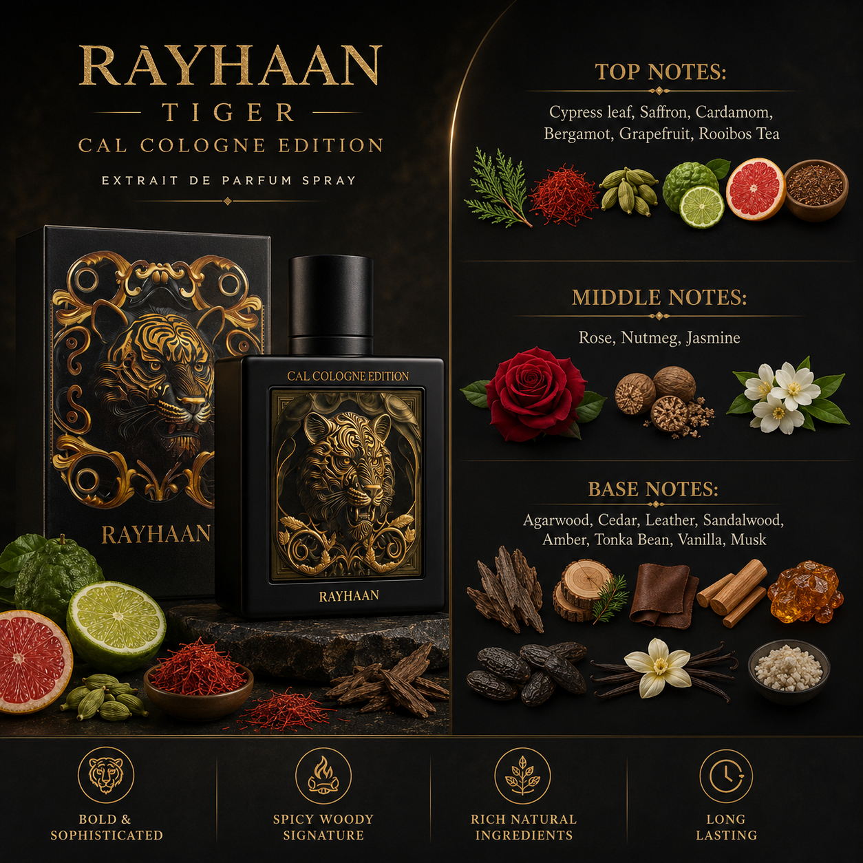 Rayhaan Tiger Cal Cologne Edition Extrait de Parfum Spray for Unisex,3.4 Ounce