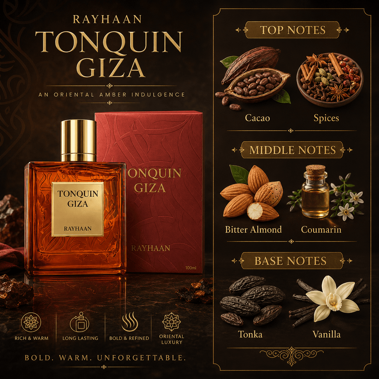 Rayhaan Tonquin Giza Eau de Parfum displayed in a refined unisex lifestyle scene