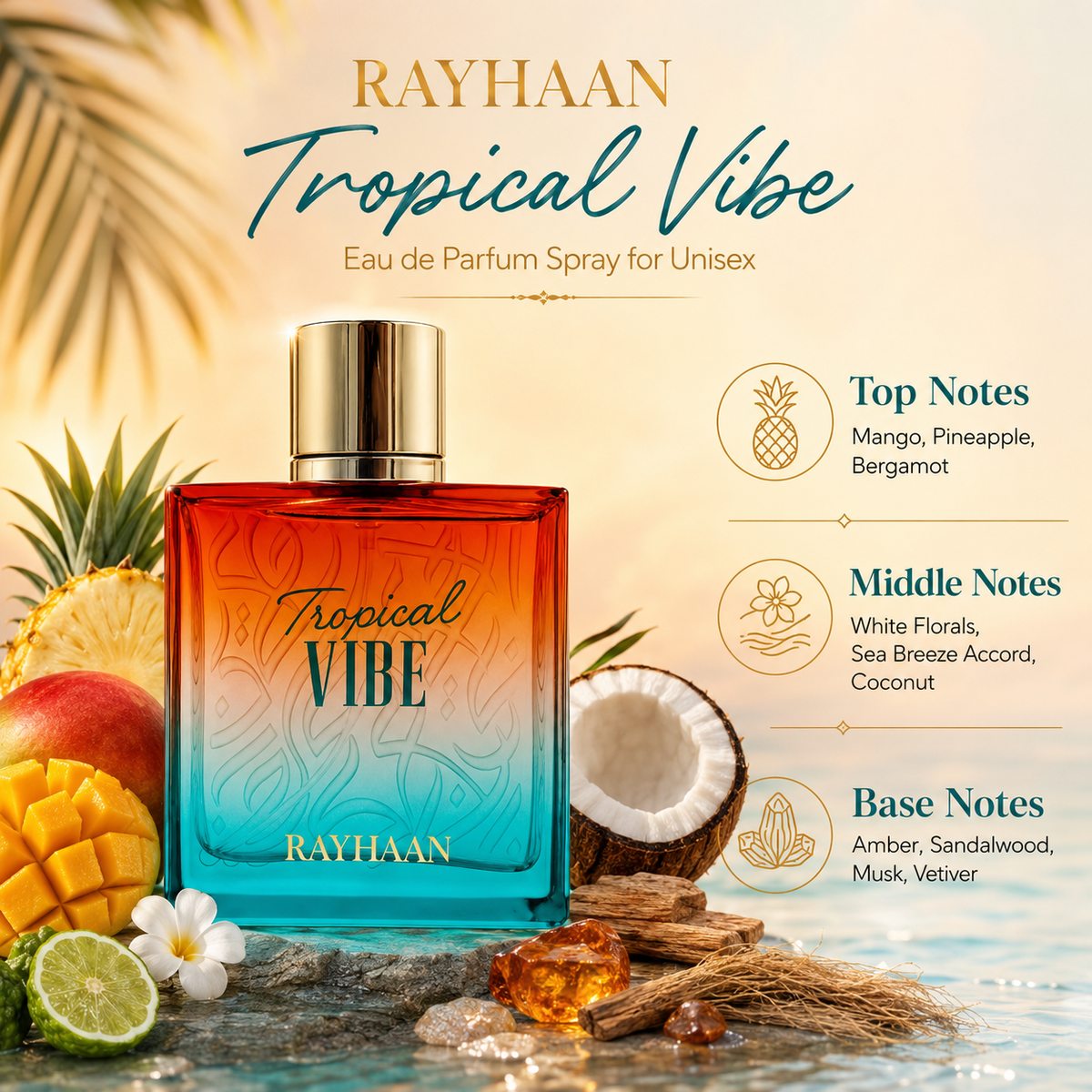 Rayhaan Tropical Vibe Eau de Parfum Spray for Unisex, 3.4 Ounce