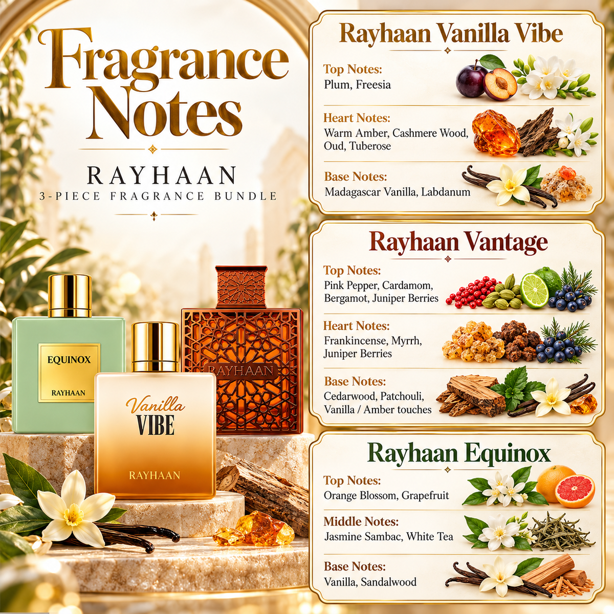 Rayhaan Vanilla Vibe + Rayhaan Vantage + Rayhaan Equinox 3-Piece Fragrance Bundle for Unisex