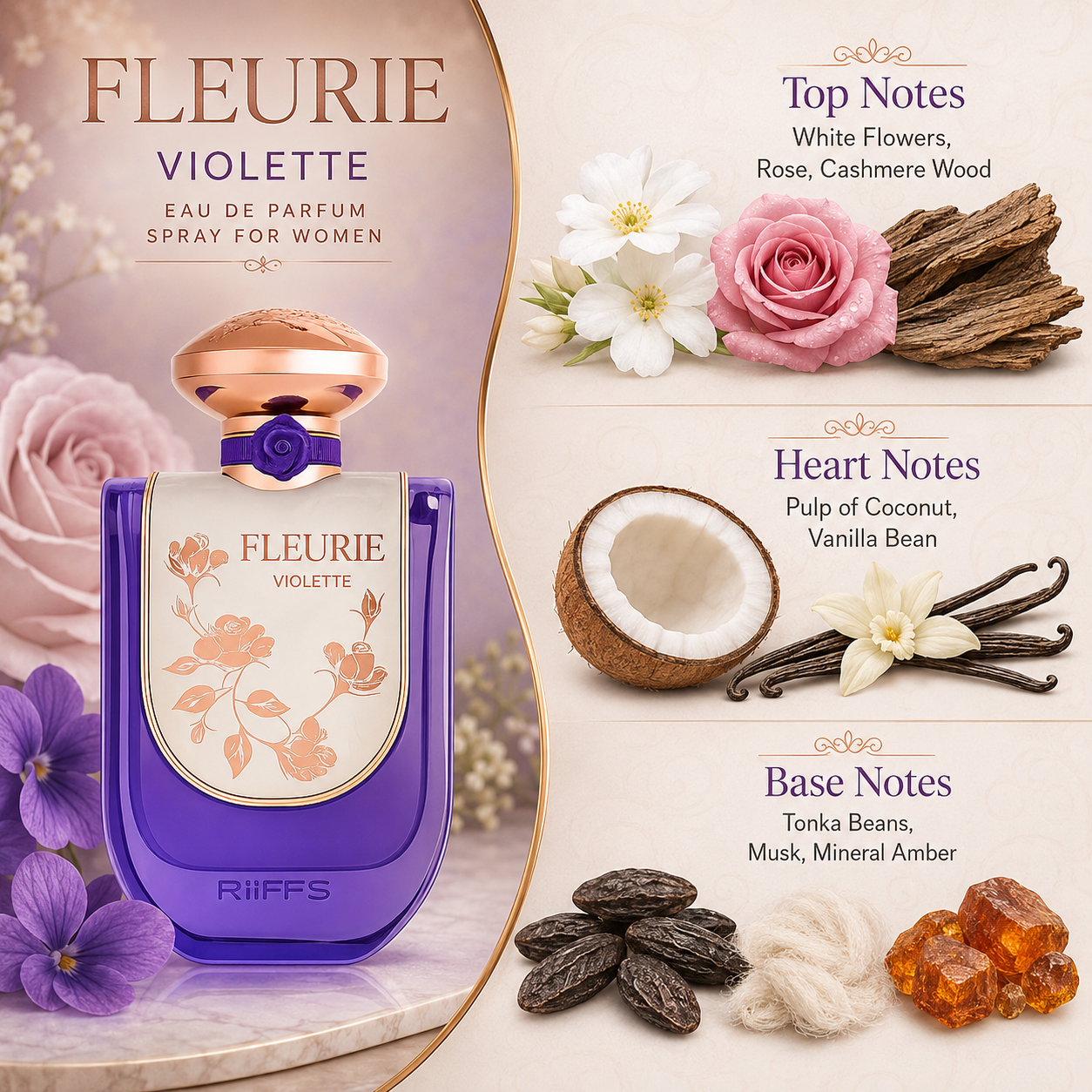 Riiffs Fleurie Violette Eau de Parfum Spray for Women, 3.4 Ounce