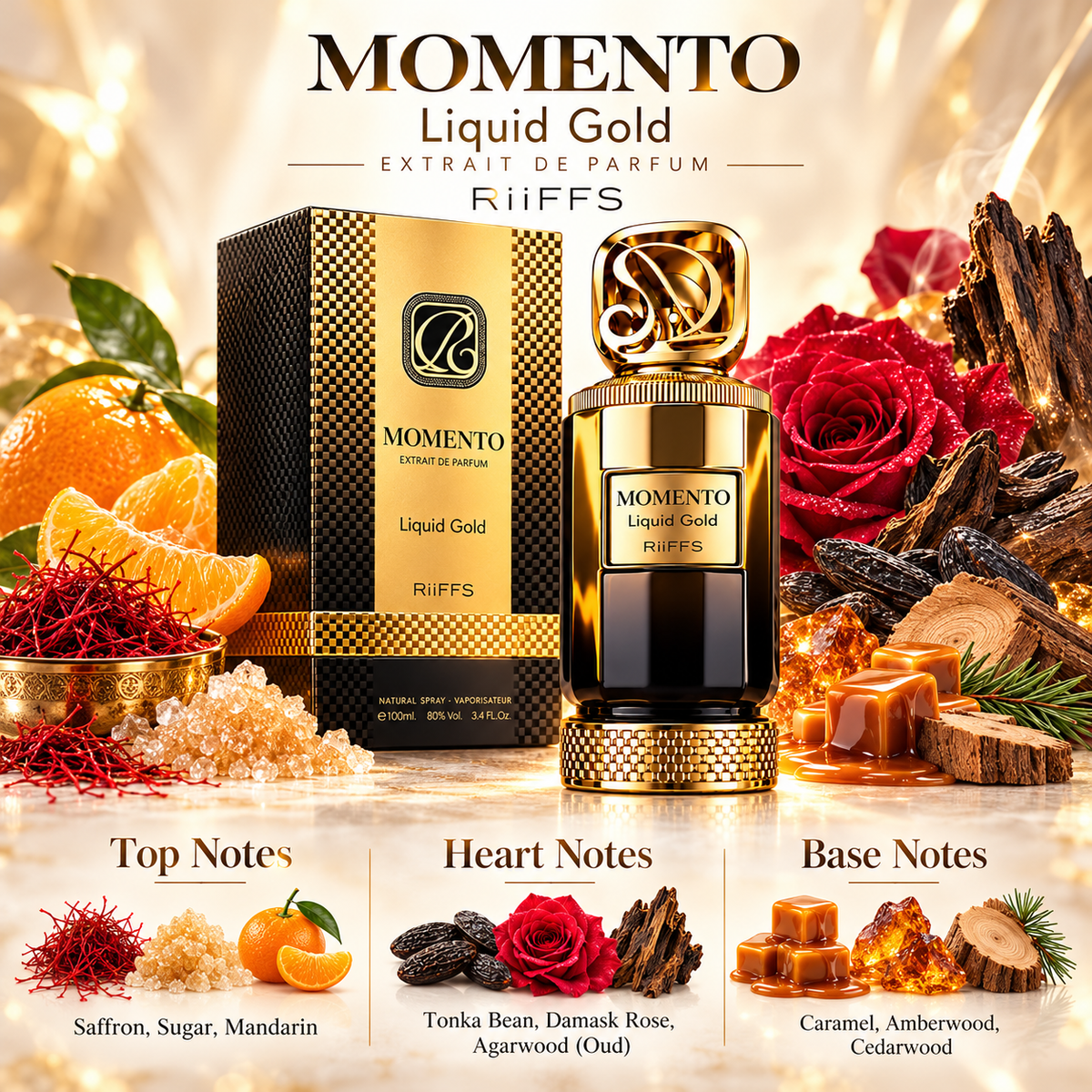 Riiffs Momento Liquid Gold Extrait de Parfum Spray for Unisex, 3.4 Ounce