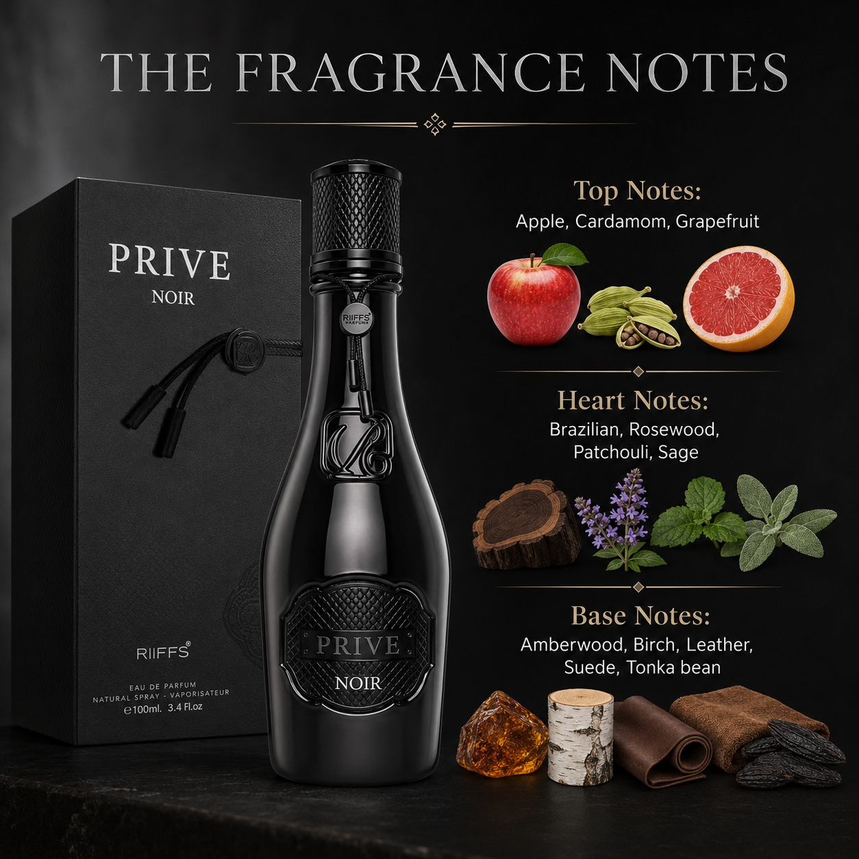 Riiffs Prive Noir Eau de Parfum Spray for Men, 3.4 Ounce