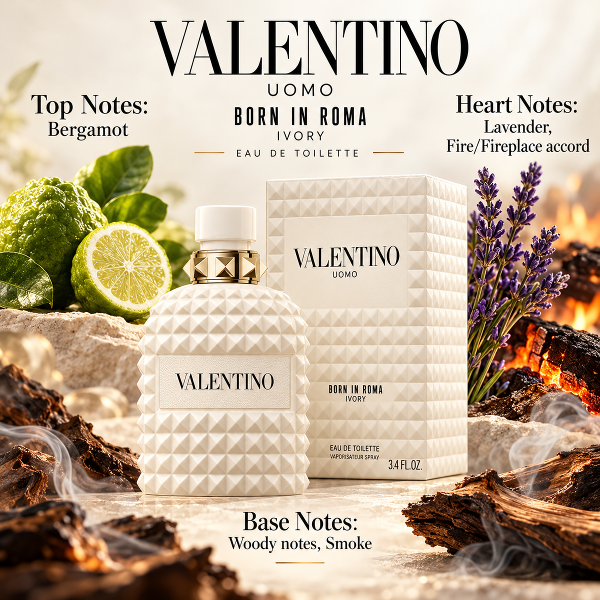 Valentino Uomo Born in Roma Ivory Eau de Toilette for Men 3.4 Ounce