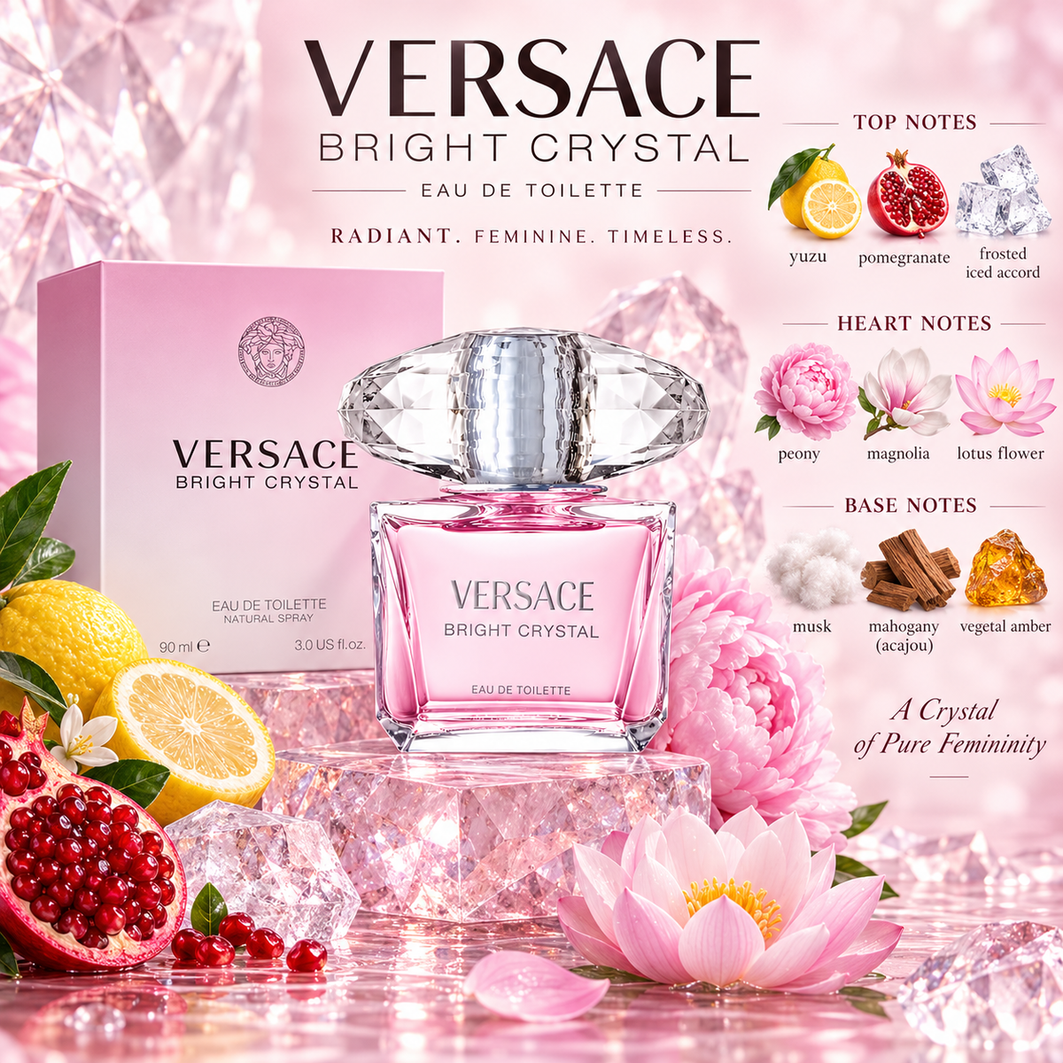 Versace Bright Crystal Eau de Toilette for Women, 3.0 Ounce