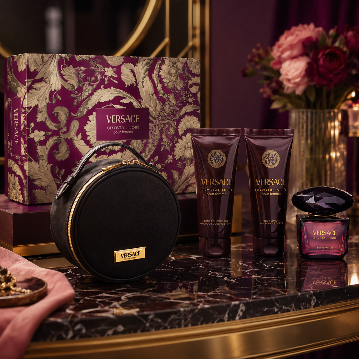 Versace Crystal Noir 4-Piece Gift Set for Women (with Makeup Bag)