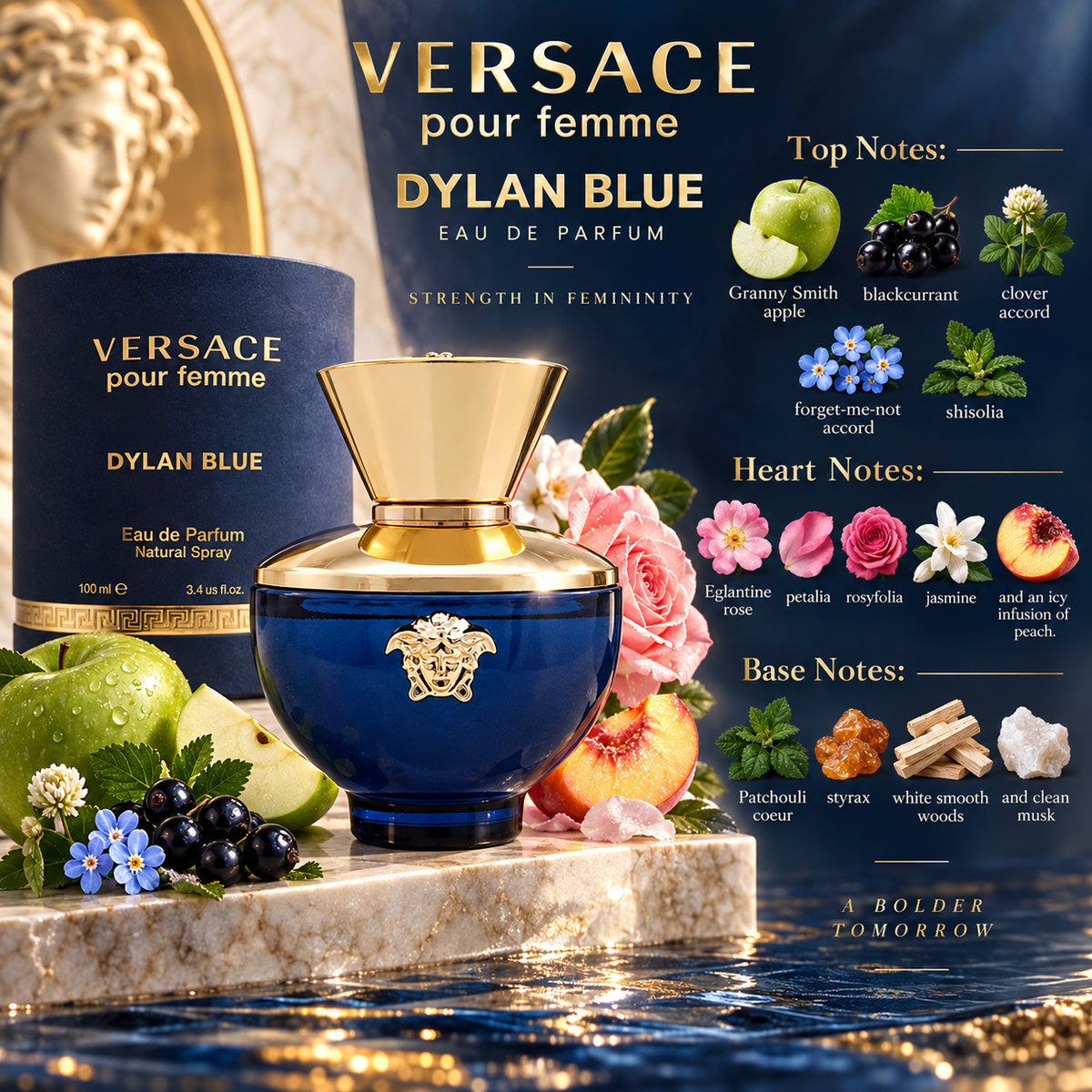 Versace Dylan Blue Pour Femme Eau de Parfum for Women, 3.4 Ounce