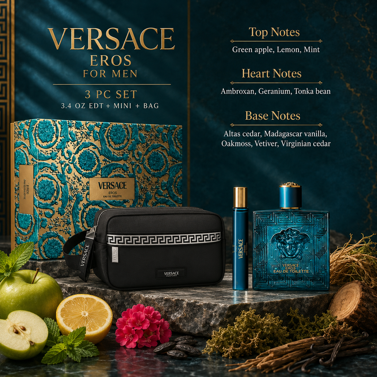 Versace Eros 3-Piece Gift Set for Men (with Branded Bag)