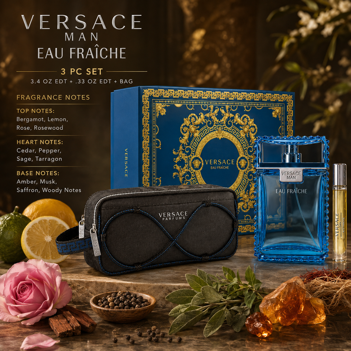 Versace Man Eau Fraiche 3-Piece Gift Set for Men (with Branded Bag)