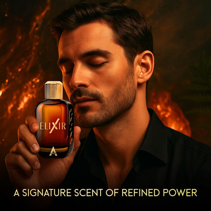 Man holding a bottle of Elixir with a warm, blurred background