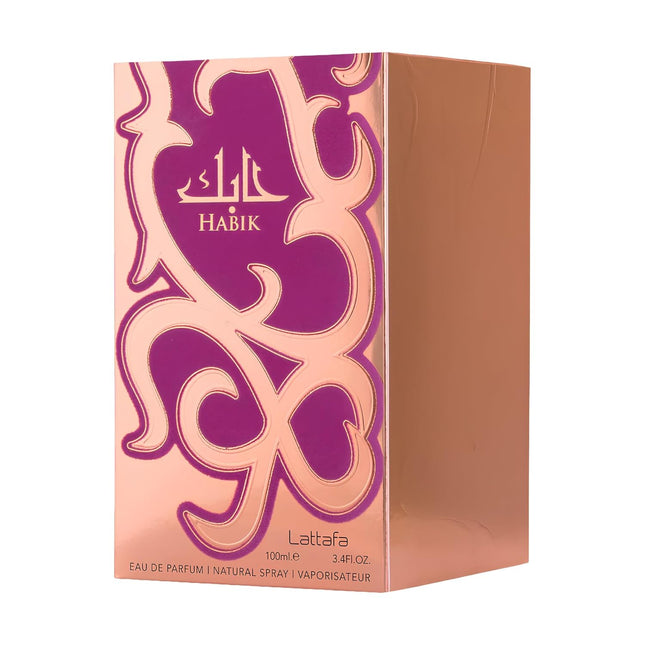 Perfume box with decorative design and 'Habik' branding on a white background