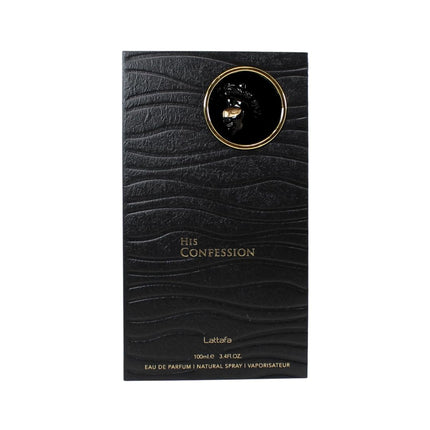 Black perfume bottle packaging with gold accents and 'His Confession' branding on a white background