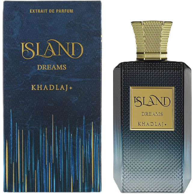 Perfume bottle and packaging of 'Island Dreams' by Khadlaj on a white background