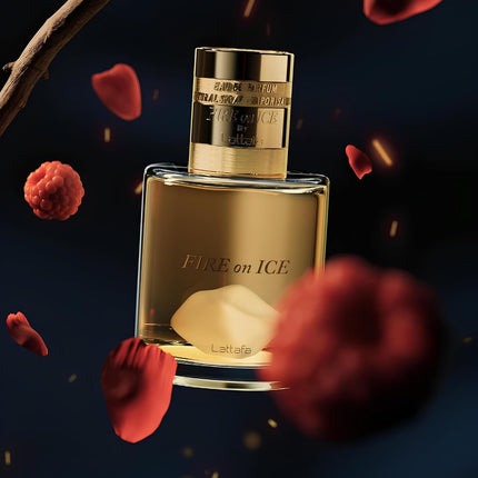 Perfume bottle labeled 'Fire on Ice' with red floral elements on a dark background