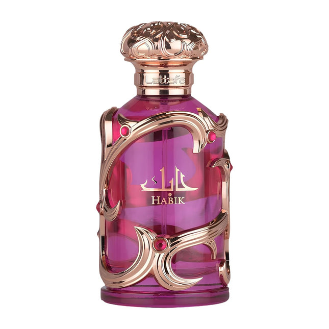 Pink perfume bottle with gold accents on a white background