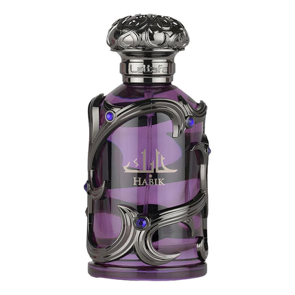 Purple perfume bottle with intricate design and 'Habik' branding on a white background