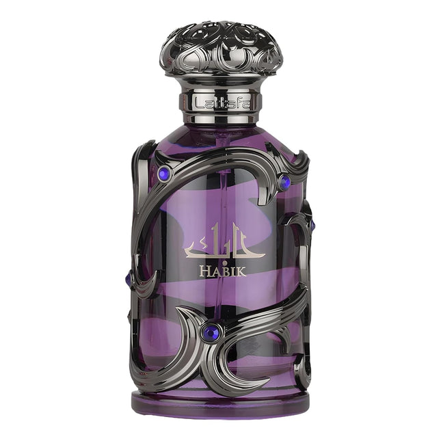 Purple perfume bottle with intricate design and 'Habik' branding on a white background