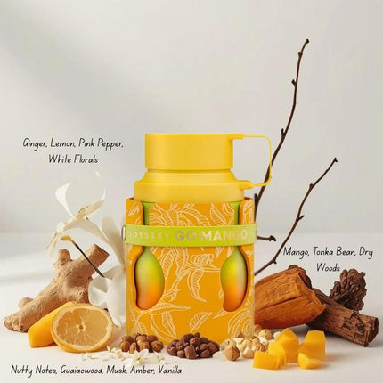 Yellow bottle with orange packaging featuring mango illustrations, surrounded by ingredients and notes on a light background.
