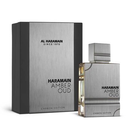 Haramain Amber Oud perfume bottle and packaging on a white background
