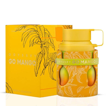 Yellow water bottle with mango design and packaging on a white background