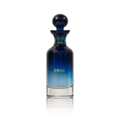 Blue glass bottle with a dark blue cap on a white background