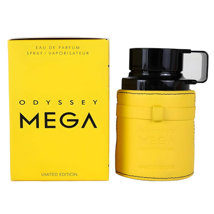 Odyssey Mega perfume bottle with yellow packaging on a white background