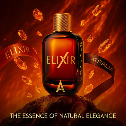 Elixir perfume bottle with gold cap and label on a dark background
