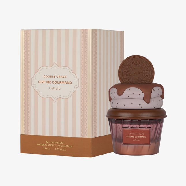 Cookie-themed perfume bottle with packaging on a white background