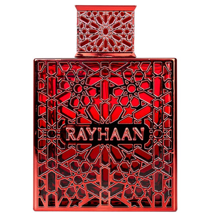 Red perfume bottle with intricate patterns and 'RAYHAAN' branding on a white background