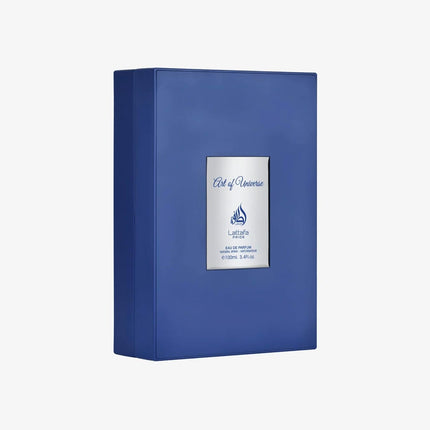 Blue box with a silver label on a white background