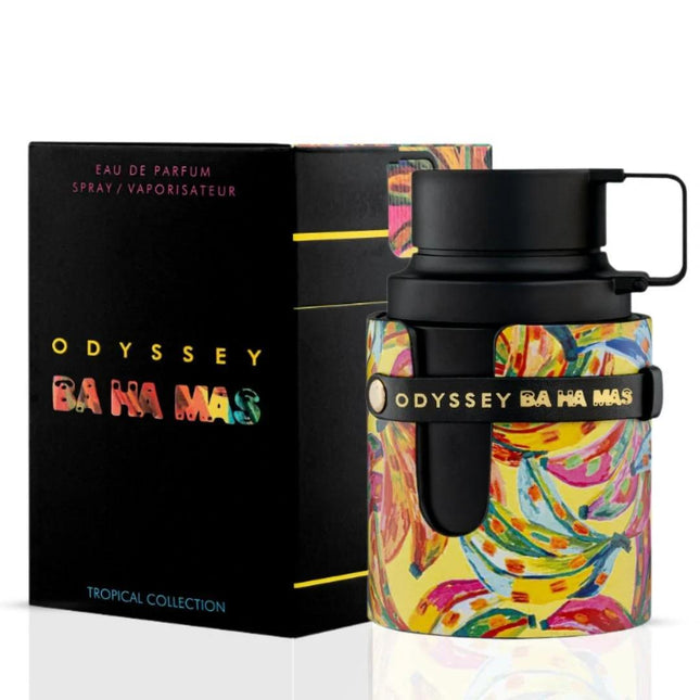 Odyssey Bahamas Eau de Parfum spray bottle with colorful design and black cap, next to its packaging.