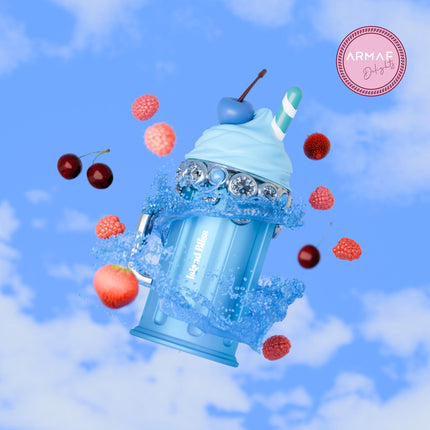 Blue perfume bottle with cherries and raspberries against a blue sky background, featuring the Armaf brand.