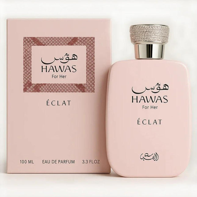 Hawas Eclat perfume bottle and packaging on a white background