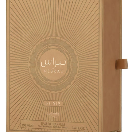 Brown packaging box with 'Nebras' branding and 'Elixir' text on a white background