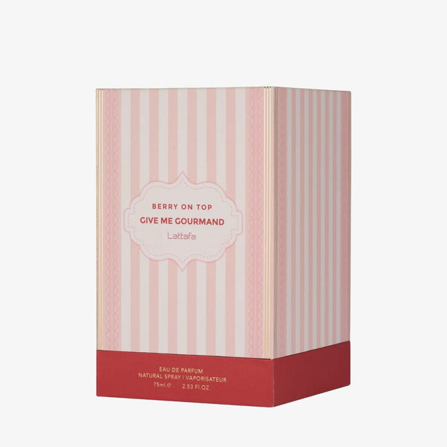 Perfume box with pink and white striped design on a light gray background