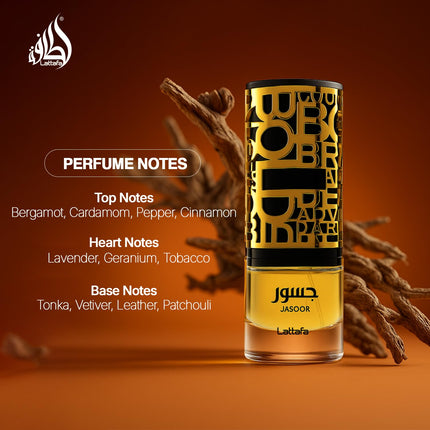 Perfume bottle with detailed notes on an orange background