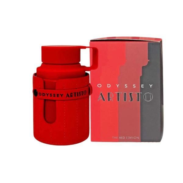 Red thermos bottle with Odyssey Artisto branding next to its packaging on a white background