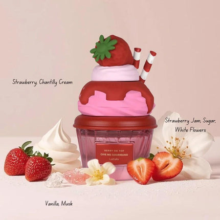 Strawberry-themed product with whipped cream and strawberries on a light pink background