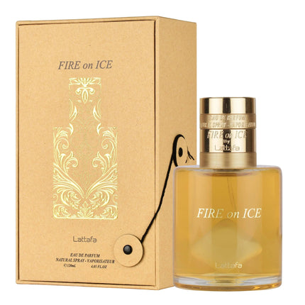 Lattafa Fire on Ice perfume bottle and packaging on a white background