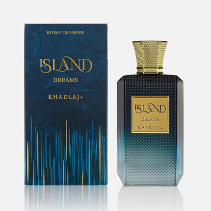 Perfume bottle and packaging of 'Island Dreams' by Khadlaj on a white background
