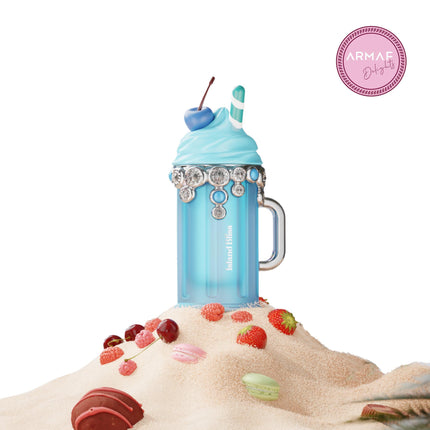 Blue milkshake with decorative elements on a white background, featuring the Armaf Beauty logo.