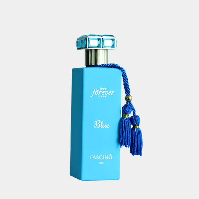 Blue perfume bottle with 'Fascino Love Forever Blue ' decorative elements on a light gray background