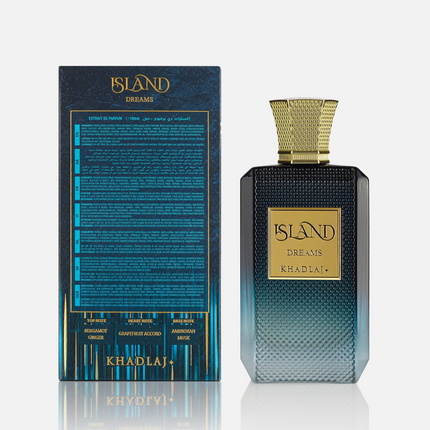 Perfume bottle and packaging of Island Dreams by Khadlaj on a white background